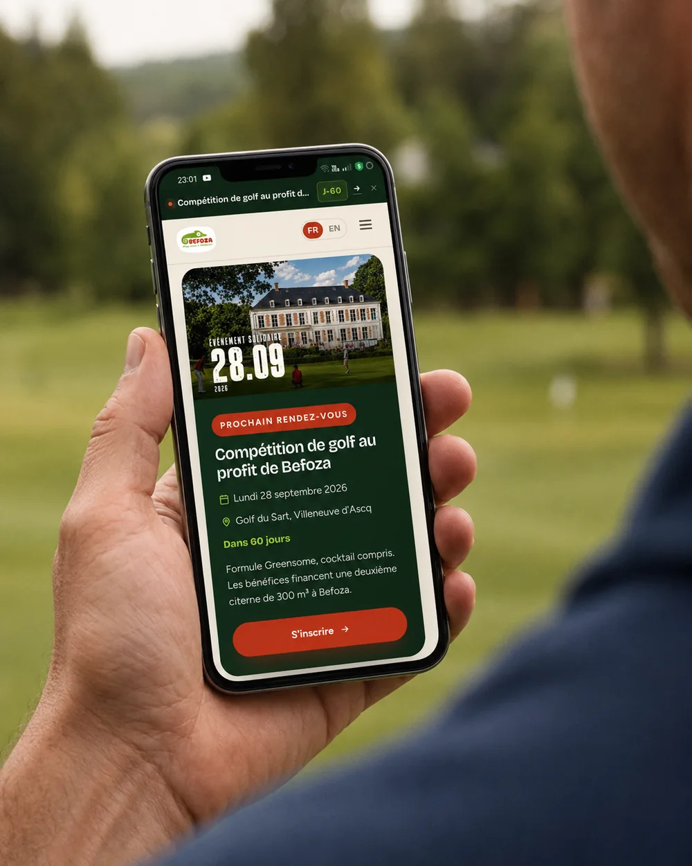 Page d'événement du tournoi de golf Befoza consultée sur téléphone
