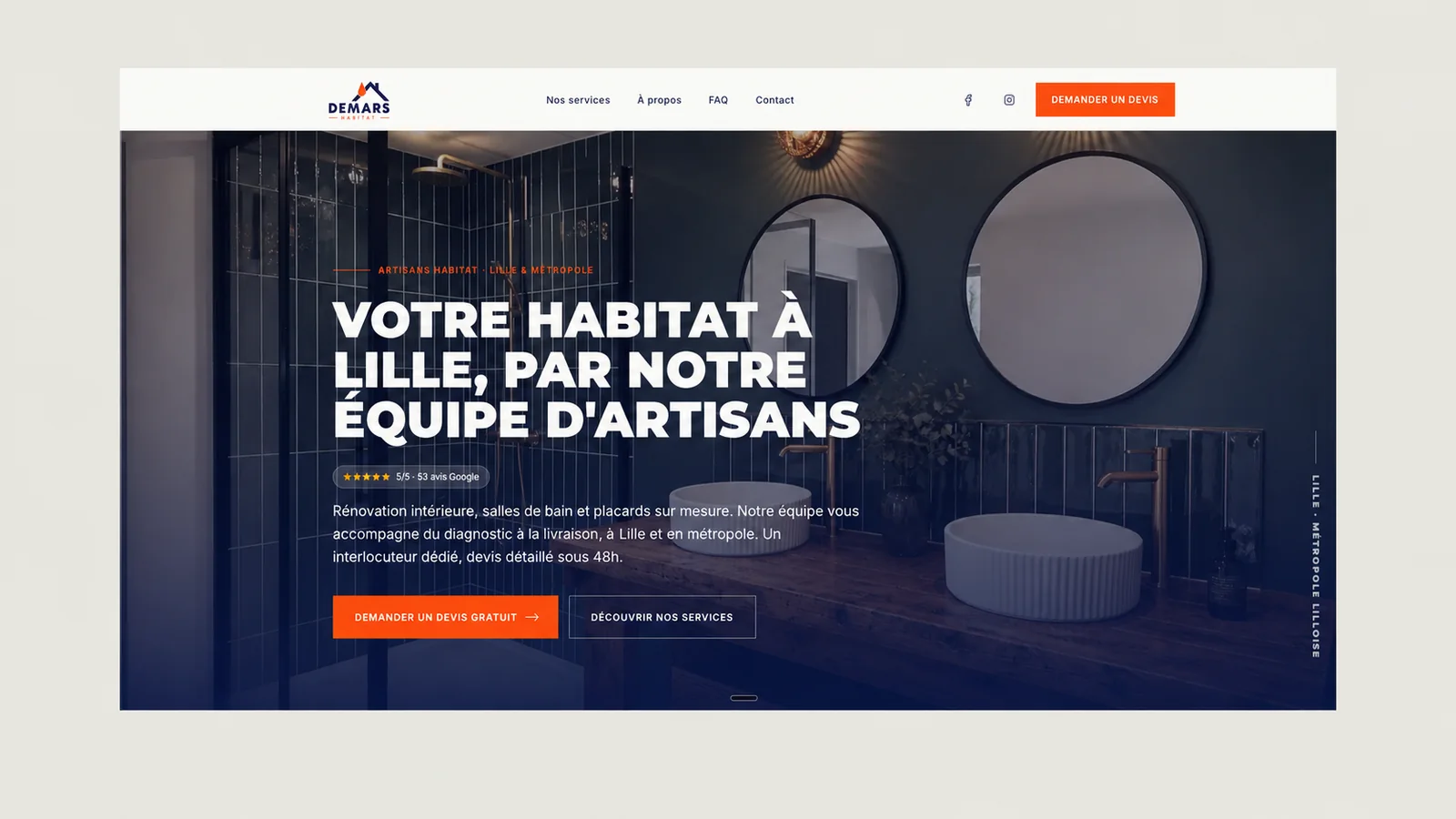 Site internet créé pour DEMARS Habitat, artisan rénovation à Lille : page d'accueil avec avis Google et demande de devis