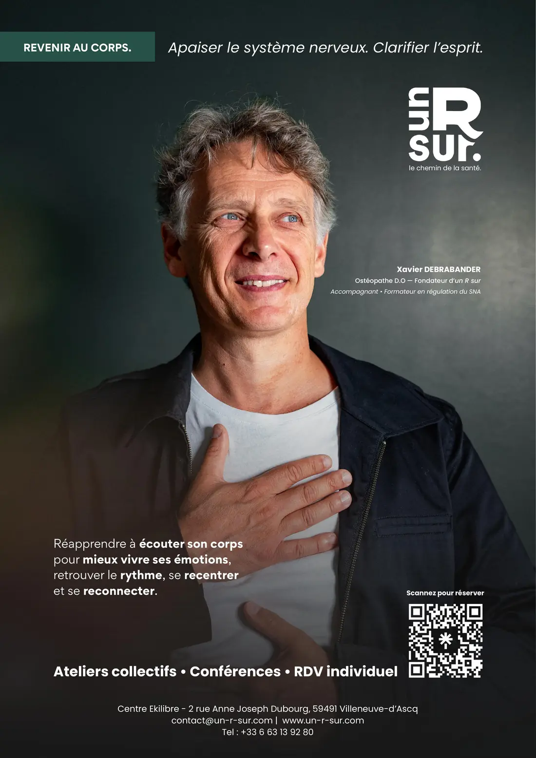 Affiche imprimée pour la salle d'attente d'un R sur : portrait du fondateur et promesse de la marque