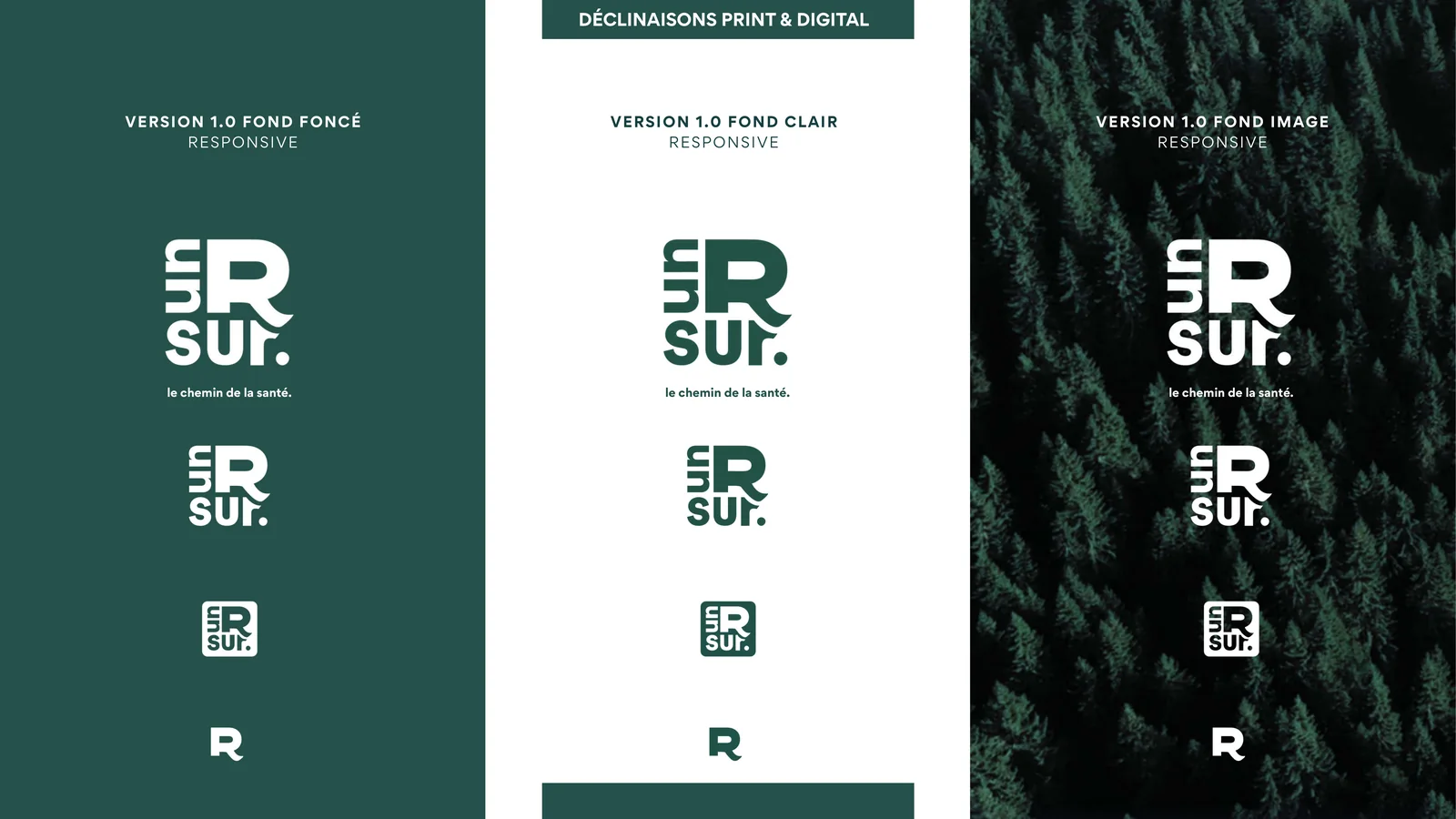 Charte graphique un R sur : déclinaisons responsive du logotype sur fond foncé, fond clair et fond image
